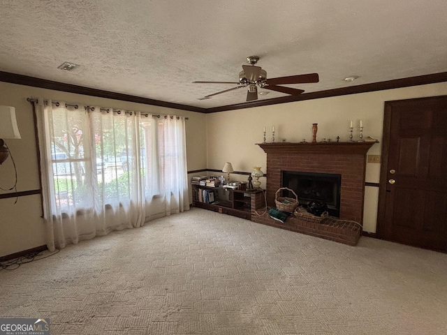 404 Windsor Way, Peachtree City, GA 30269 - living room with ornamental molding, a ceiling fan, a fireplace, carpet flooring, and a textured ceiling