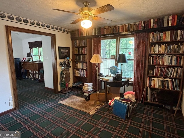 404 Windsor Way, Peachtree City, GA 30269 - office area with a textured ceiling, carpet flooring, ceiling fan, and baseboards