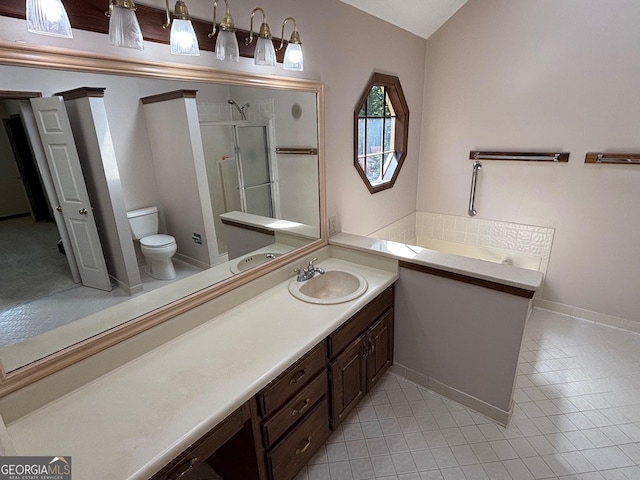 404 Windsor Way, Peachtree City, GA 30269 - bathroom with vanity, a shower stall, toilet, tile patterned flooring, and baseboards