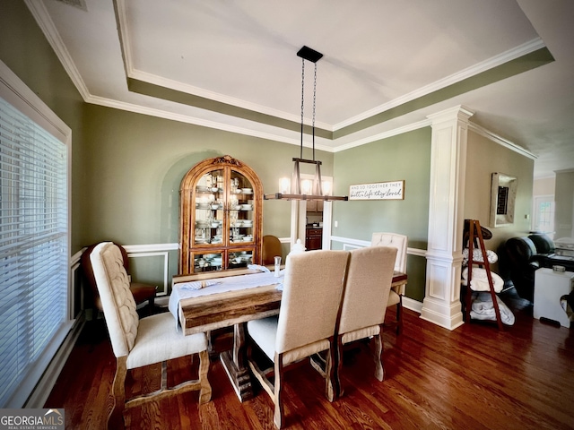 511 Live Oak Way, Dublin, GA 31021 - dining area featuring wood finished floors, decorative columns, a chandelier, ornamental molding, and wainscoting