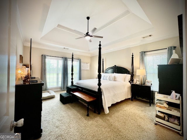 511 Live Oak Way, Dublin, GA 31021 - bedroom with a tray ceiling, carpet floors, crown molding, and a ceiling fan