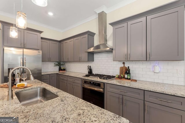 4457 Equity Ct, Ellenwood, GA 30294 - kitchen with appliances with stainless steel finishes, wall chimney range hood, a sink, gray cabinets, and crown molding