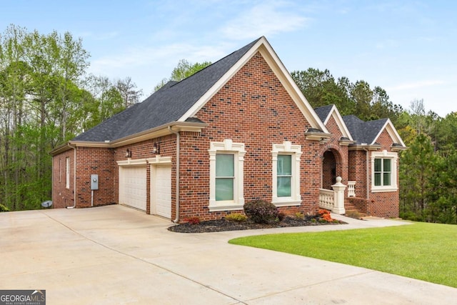 4457 Equity Ct, Ellenwood, GA 30294 - traditional-style home featuring brick siding, concrete driveway, a garage, a front yard, and roof with shingles