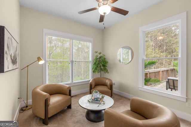4457 Equity Ct, Ellenwood, GA 30294 - living area with baseboards, carpet, and a ceiling fan