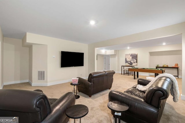4457 Equity Ct, Ellenwood, GA 30294 - living room featuring light colored carpet, baseboards, billiards table, and recessed lighting