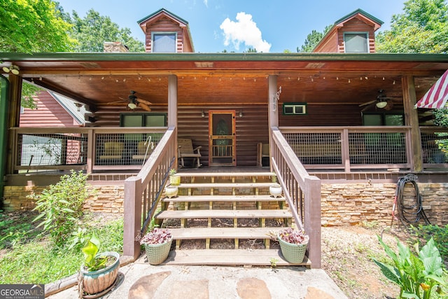 149 Savior Ln, Hamilton, GA 31811 - property entrance featuring ceiling fan, covered porch, and log siding