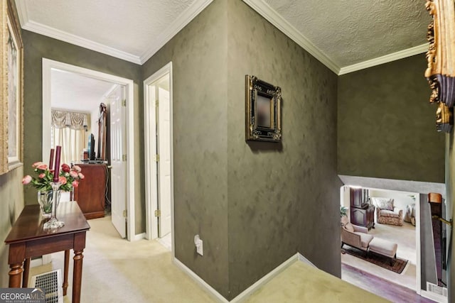 1487 W Bend Creek Ct, Atlanta, GA 30338 - hall featuring carpet flooring, a textured ceiling, ornamental molding, and baseboards