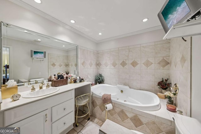 1487 W Bend Creek Ct, Atlanta, GA 30338 - bathroom with vanity, a whirlpool tub, ornamental molding, tile patterned flooring, and recessed lighting