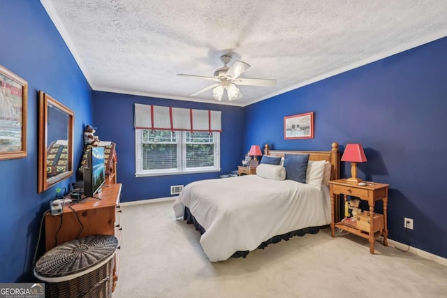1487 W Bend Creek Ct, Atlanta, GA 30338 - bedroom featuring ornamental molding, baseboards, carpet floors, a textured ceiling, and ceiling fan