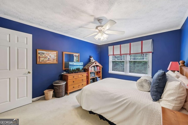 1487 W Bend Creek Ct, Atlanta, GA 30338 - carpeted bedroom with ornamental molding, a ceiling fan, a textured ceiling, and baseboards
