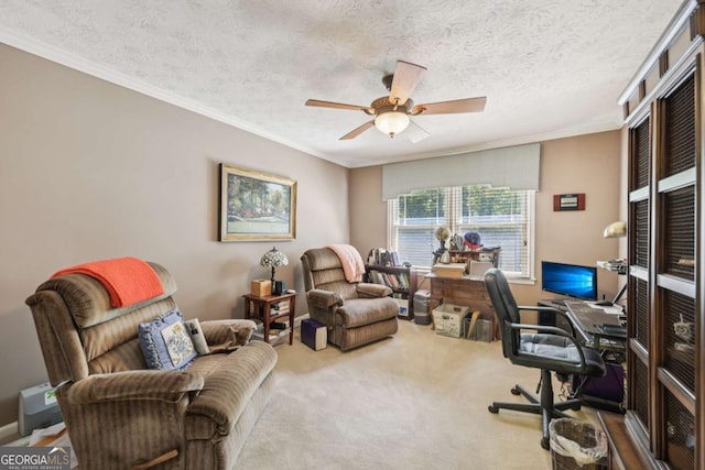 1487 W Bend Creek Ct, Atlanta, GA 30338 - office featuring ceiling fan, crown molding, carpet, and a textured ceiling