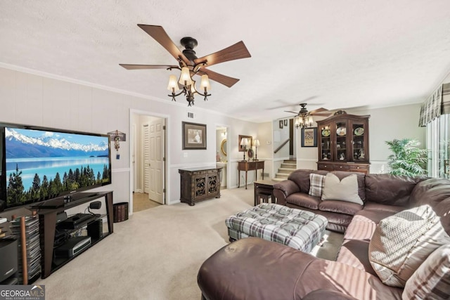 1487 W Bend Creek Ct, Atlanta, GA 30338 - living area with stairway, a ceiling fan, and carpet flooring