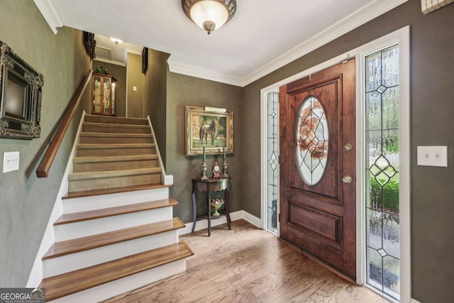 1487 W Bend Creek Ct, Atlanta, GA 30338 - entryway featuring stairs, wood finished floors, crown molding, and baseboards