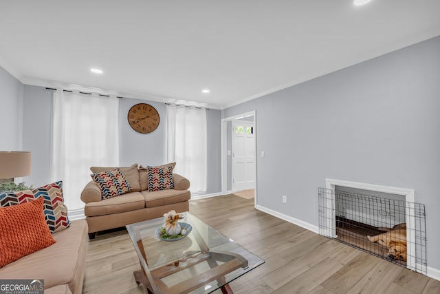 557 Spring Creek Way NE, Marietta, GA 30068 - living room featuring ornamental molding, light wood finished floors, recessed lighting, and baseboards