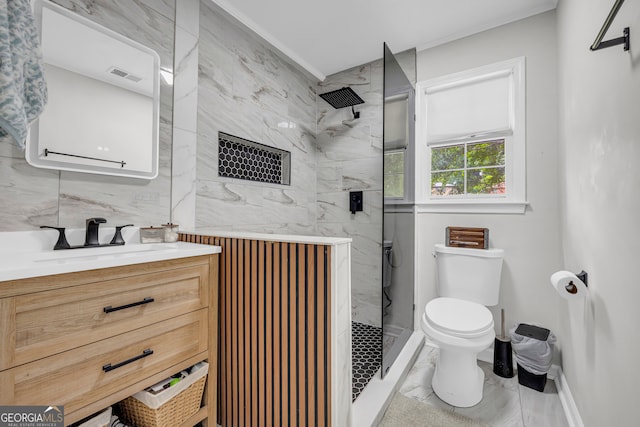 557 Spring Creek Way NE, Marietta, GA 30068 - full bathroom with vanity, a marble finish shower, toilet, ornamental molding, and baseboards