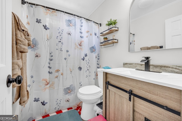 557 Spring Creek Way NE, Marietta, GA 30068 - full bathroom with crown molding, vanity, toilet, and a shower with shower curtain