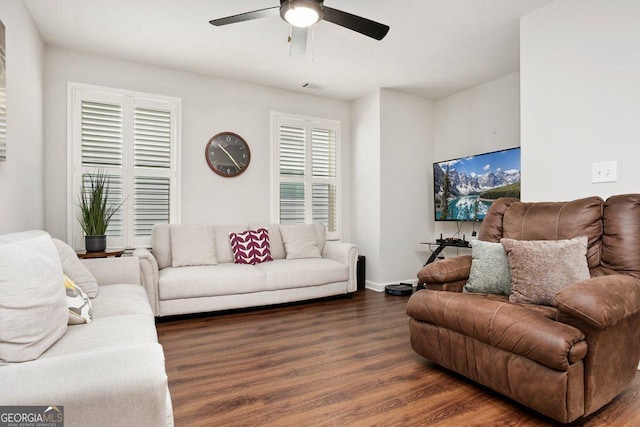 6115 Stella Light Dr, Flowery Branch, GA 30542 - living area featuring dark wood-style floors and a ceiling fan