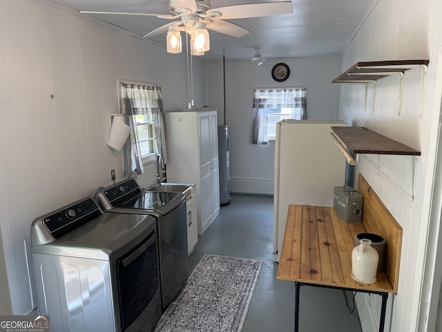 424 Harkins Rd, Cleveland, GA 30528 - washroom featuring independent washer and dryer, electric water heater, a ceiling fan, and cabinet space