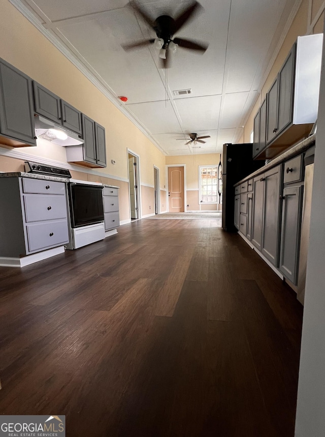 44 Freeman, Heflin, AL 36264 - kitchen with a ceiling fan, white range with electric stovetop, gray cabinetry, under cabinet range hood, and dark wood-type flooring