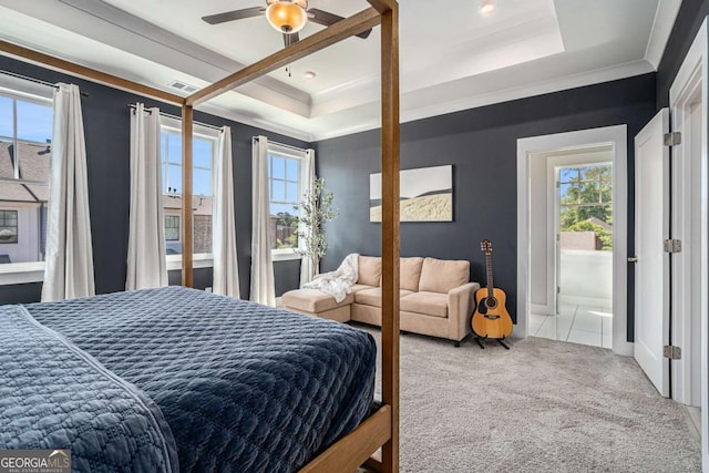 710 Elmwood Way, Roswell, GA 30075 - carpeted bedroom featuring a raised ceiling, crown molding, and ceiling fan