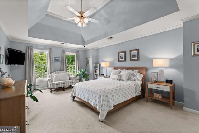 220 Webley Ln, Alpharetta, GA 30022 - carpeted bedroom featuring a raised ceiling, baseboards, ceiling fan, and crown molding