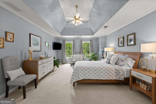 220 Webley Ln, Alpharetta, GA 30022 - bedroom featuring a tray ceiling, light colored carpet, ceiling fan, lofted ceiling, and ornamental molding