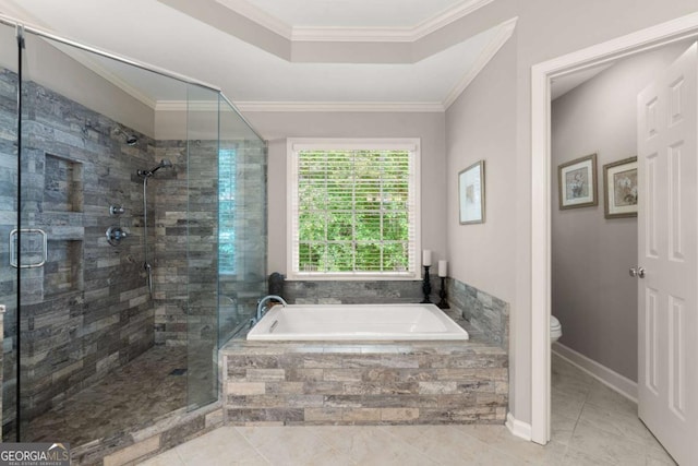 220 Webley Ln, Alpharetta, GA 30022 - full bath with a bath, a stall shower, toilet, crown molding, and tile patterned flooring