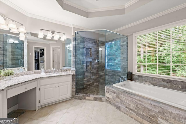 220 Webley Ln, Alpharetta, GA 30022 - full bathroom with vanity, a tray ceiling, a stall shower, a garden tub, and crown molding