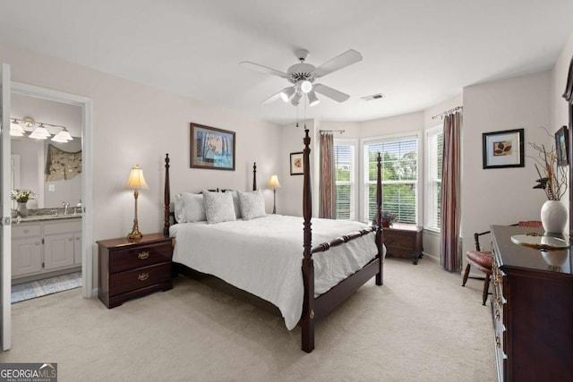 220 Webley Ln, Alpharetta, GA 30022 - bedroom featuring light colored carpet, a sink, ensuite bathroom, baseboards, and ceiling fan