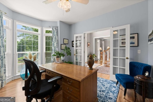 220 Webley Ln, Alpharetta, GA 30022 - office with french doors, light wood-type flooring, and ceiling fan