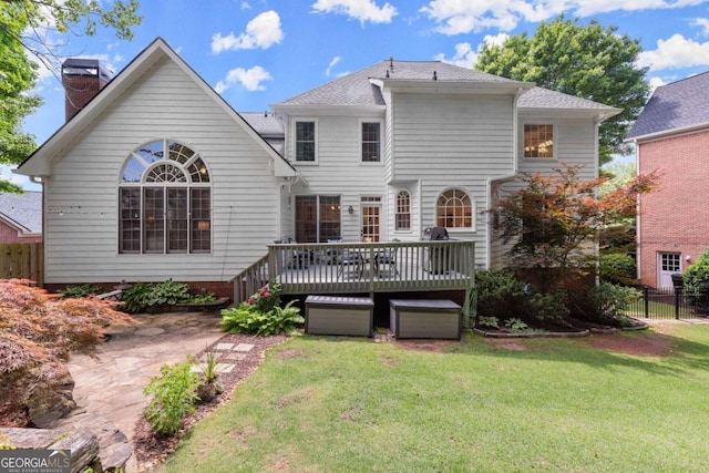 220 Webley Ln, Alpharetta, GA 30022 - back of property with a wooden deck, a chimney, a patio, a garage, and roof with shingles