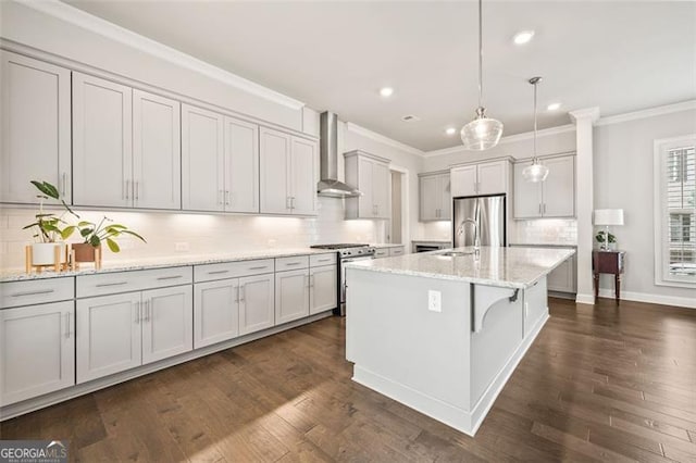 993 Harvest Park Ln, Suwanee, GA 30024 - kitchen featuring wall chimney exhaust hood, appliances with stainless steel finishes, ornamental molding, backsplash, and decorative light fixtures
