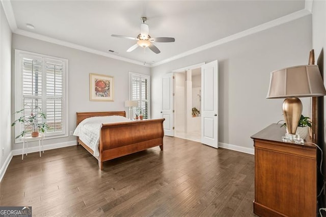 993 Harvest Park Ln, Suwanee, GA 30024 - bedroom with multiple windows, dark wood finished floors, crown molding, and a ceiling fan