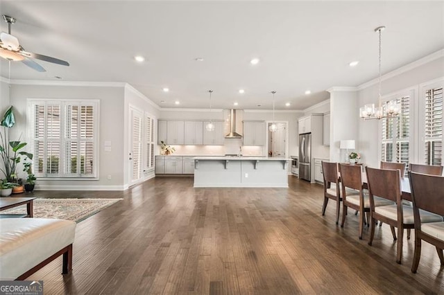 993 Harvest Park Ln, Suwanee, GA 30024 - kitchen featuring freestanding refrigerator, ceiling fan, light countertops, dark wood-style floors, and recessed lighting