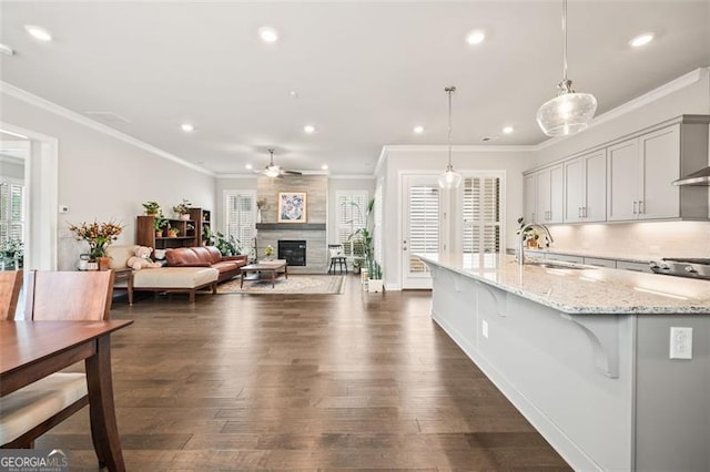 993 Harvest Park Ln, Suwanee, GA 30024 - kitchen with dark wood-type flooring, ceiling fan, recessed lighting, a large fireplace, and light stone countertops