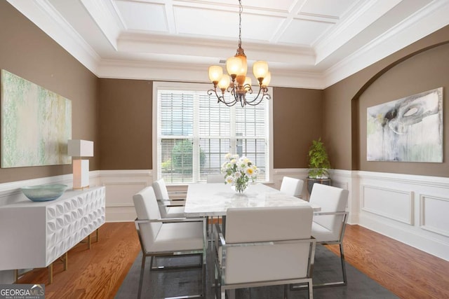 12194 Limeridge Ct, Alpharetta, GA 30004 - dining space with dark wood-type flooring, ornamental molding, a chandelier, a wainscoted wall, and coffered ceiling