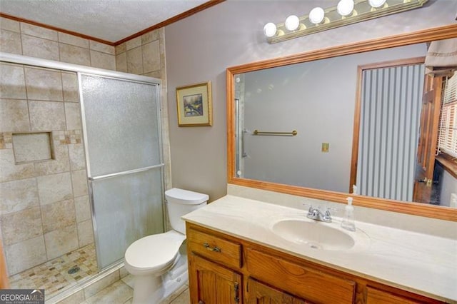 402 Princeton Way, Lawrenceville, GA 30044 - full bathroom featuring ornamental molding, vanity, a stall shower, and tile patterned floors