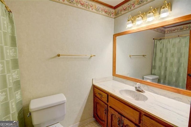 402 Princeton Way, Lawrenceville, GA 30044 - bathroom with vanity, ornamental molding, and curtained shower