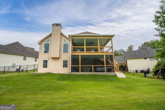 638 Glen Valley Way, Dacula, GA 30019 - back of house with ceiling fan, a fenced backyard, a chimney, stairway, and a deck