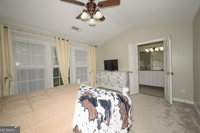 3343 Lathenview Ct, Milton, GA 30004 - bedroom with vaulted ceiling, light carpet, connected bathroom, and ceiling fan