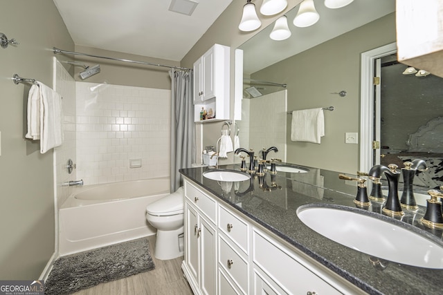 3343 Lathenview Ct, Milton, GA 30004 - full bath with shower / bath combination with curtain, double vanity, and wood finished floors