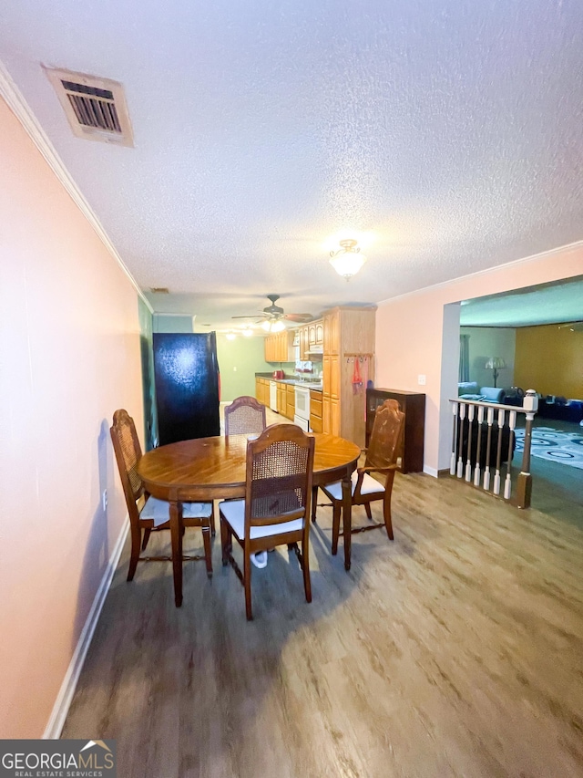 1191 Zoar Rd, Baxley, GA 31513 - dining area with light wood finished floors, baseboards, ornamental molding, ceiling fan, and a textured ceiling
