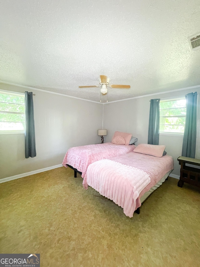 1191 Zoar Rd, Baxley, GA 31513 - bedroom featuring multiple windows, light colored carpet, a textured ceiling, a ceiling fan, and crown molding