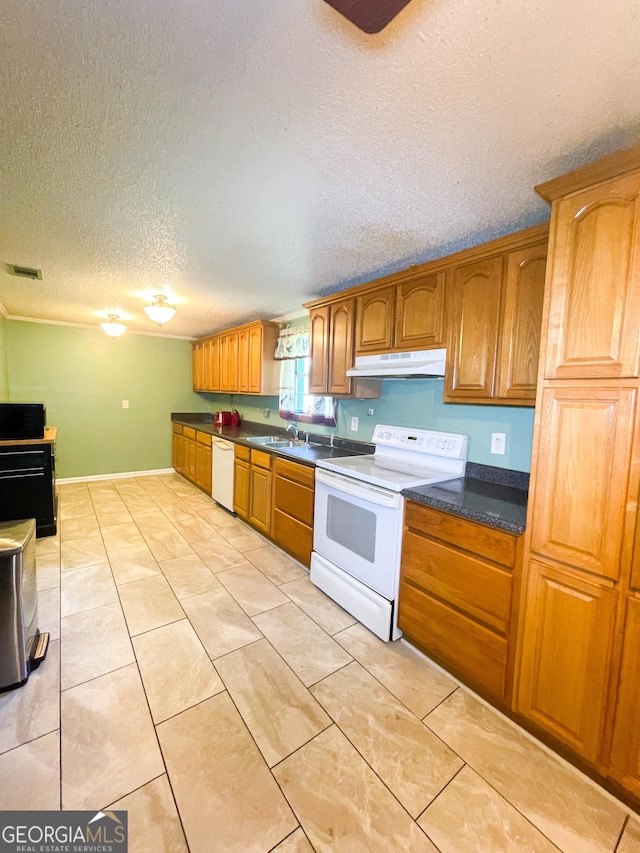 1191 Zoar Rd, Baxley, GA 31513 - kitchen with white appliances, under cabinet range hood, a sink, a textured ceiling, and dark countertops