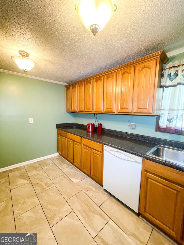 1191 Zoar Rd, Baxley, GA 31513 - kitchen with white dishwasher, ornamental molding, brown cabinets, a textured ceiling, and light tile patterned floors