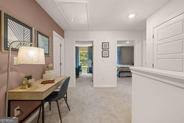 1404 Gray Branch Dr, Lawrenceville, GA 30045 - hall with attic access, light carpet, baseboards, and recessed lighting