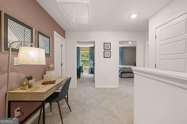1404 Gray Branch Dr, Lawrenceville, GA 30045 - hall with attic access, light carpet, baseboards, and recessed lighting