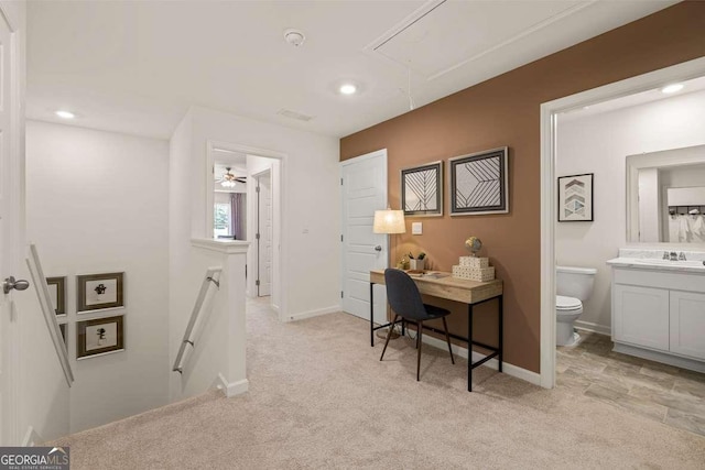 1404 Gray Branch Dr, Lawrenceville, GA 30045 - office area with attic access, light colored carpet, baseboards, and recessed lighting