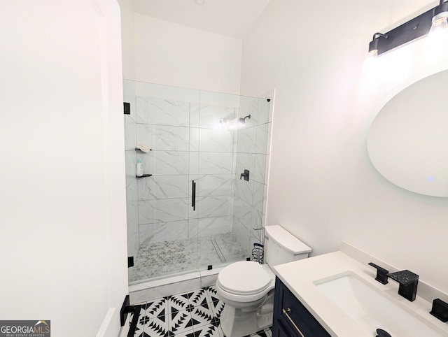 123 Dahlgren St SE, Atlanta, GA 30317 - bathroom with vanity, a shower stall, toilet, and tile patterned floors