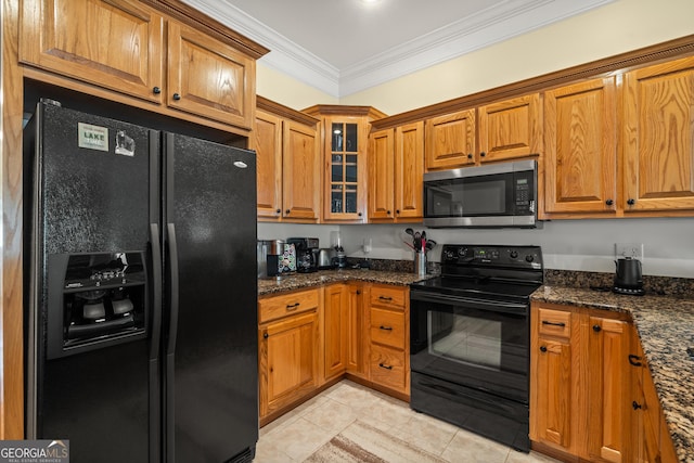 1724 Watercrest Way # G, Young Harris, GA 30582 - kitchen with black appliances, ornamental molding, brown cabinets, light tile patterned flooring, and glass insert cabinets